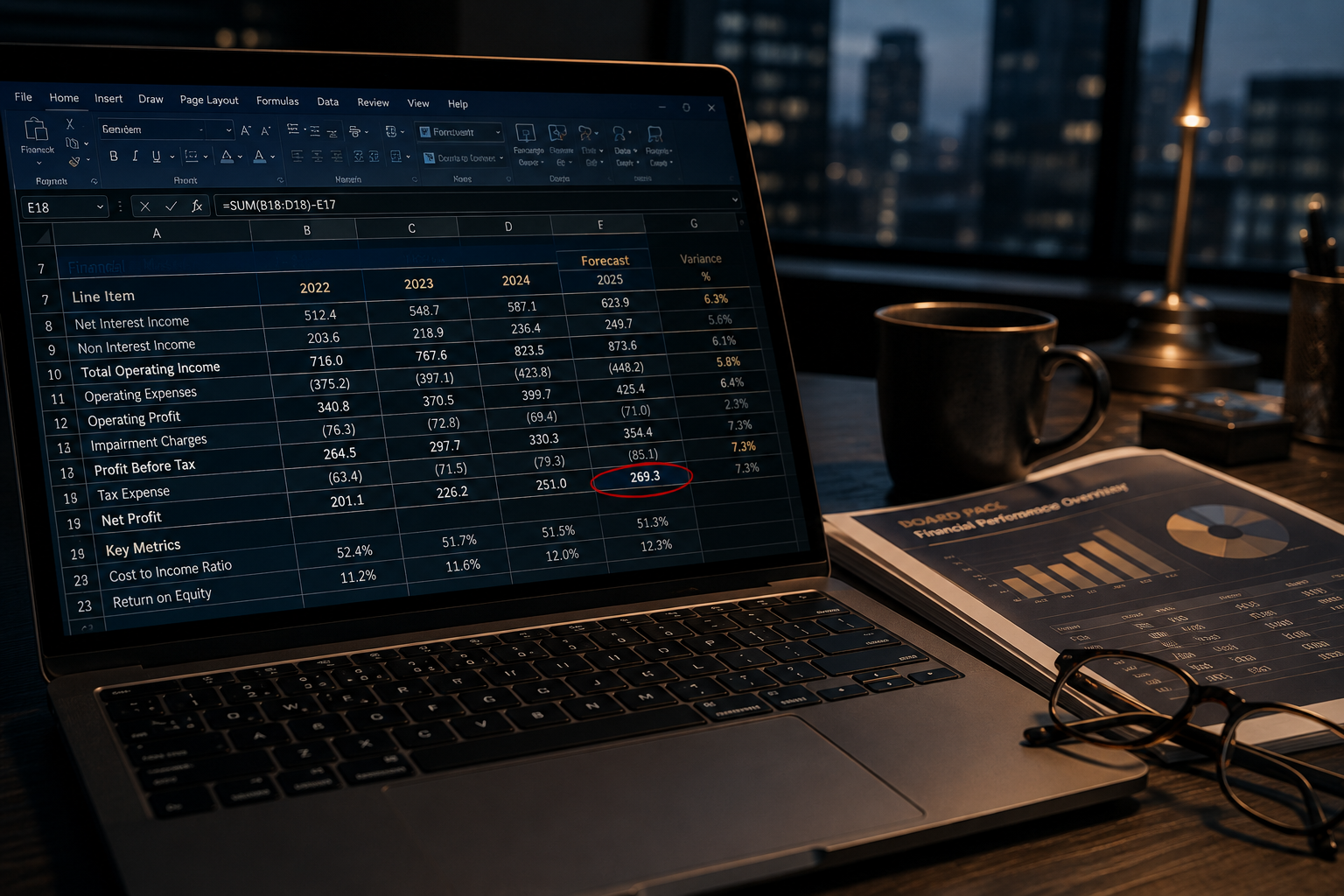 Executive reviewing a financial spreadsheet model on a laptop