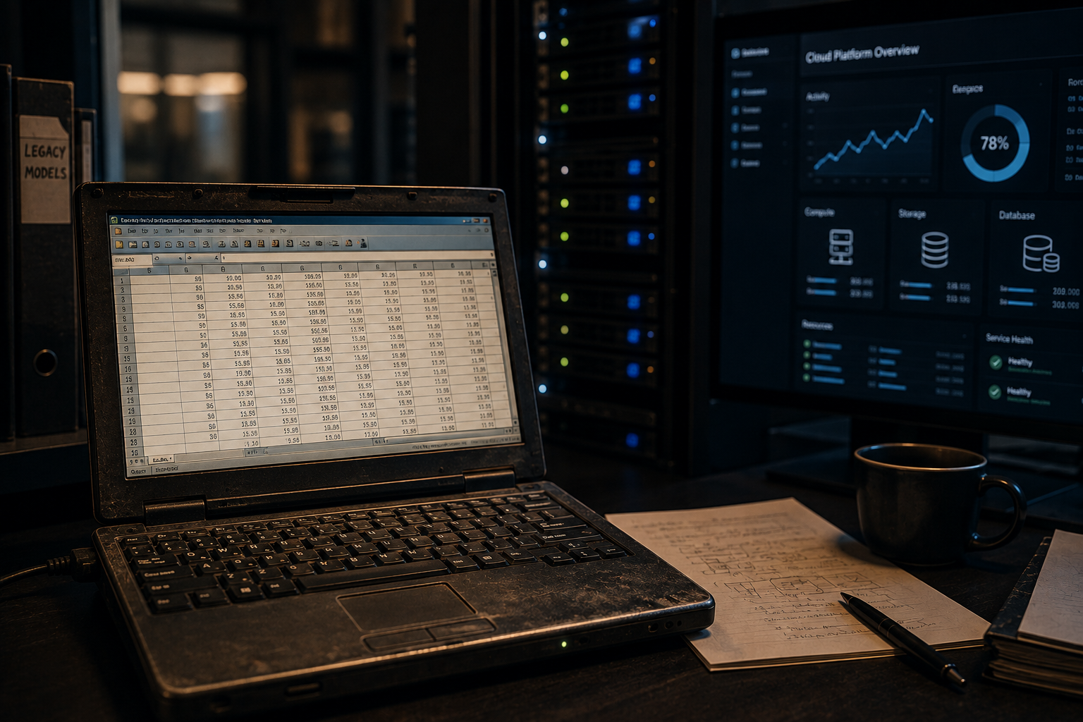 An old legacy laptop still running quietly in a modern server room