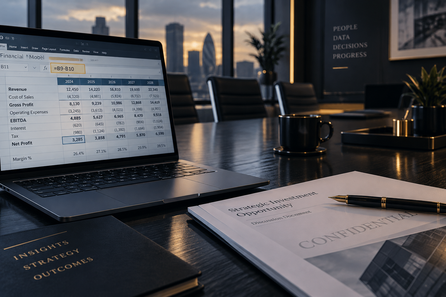 A boardroom table with a laptop showing a financial model